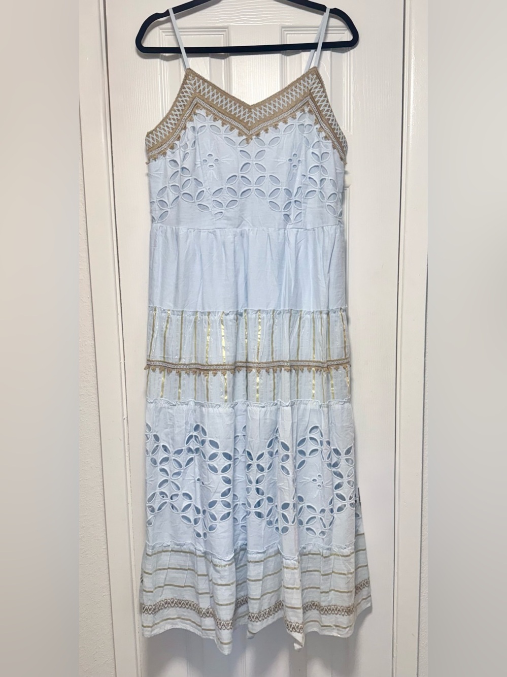 Light Blue Eyelet Midi Dress with Tan Trim - Picture 11 of 12